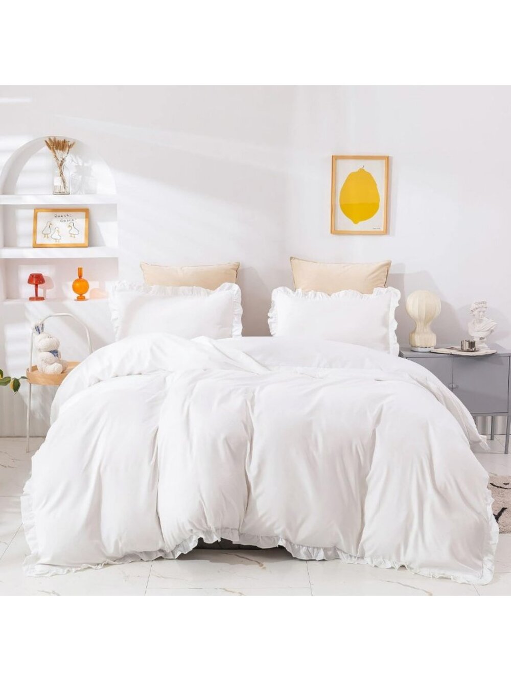 Elegant White Lace Comforter Set - Queen Size Ruffle Bedding for Girls' Room